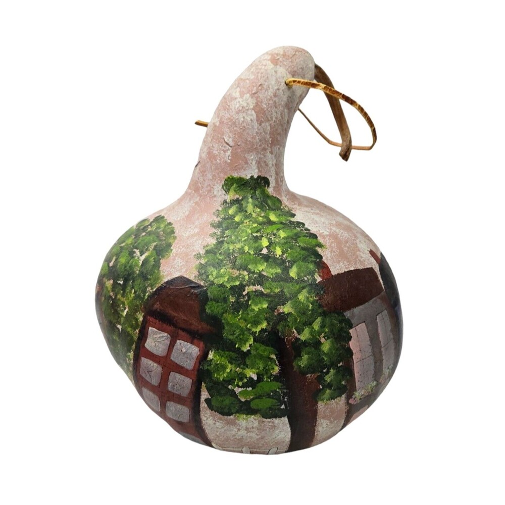 Hand Painted Gourd Scenic Houses Trees Fences 11" Artist Signed Vintage 1991